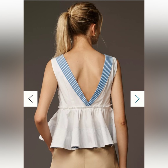 Anthropologie Maeve White Blue Sleeveless V Neck Ruffle Babydoll Blouse Medium - Picture 2 of 8